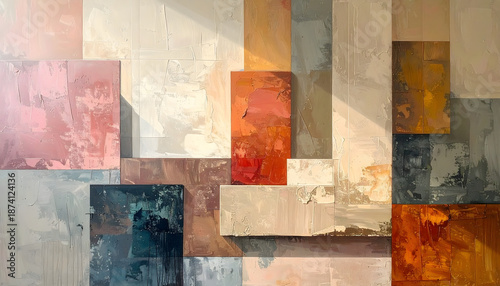 Abstract geometric pattern with various textured rectangles.