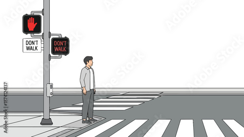 A pedestrian stands patiently at a city intersection, awaiting the green signal to safely cross the busy street, adhering strictly to the