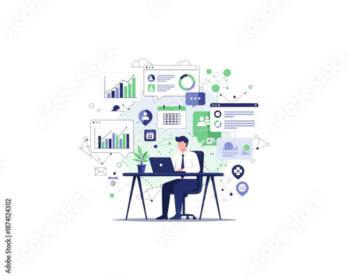 Micro-SaaS founder working on internal tools dashboard. Vector illustration of software analytics, admin panel CRM, workflow automation, business metrics, and app development management.