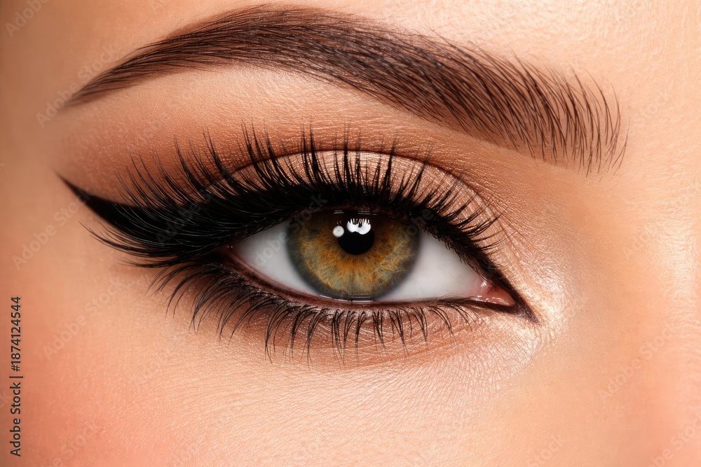 Obraz premium Intense close up on a female eye with lush eyelashes and dark brown eyeliner enhancing visual impact