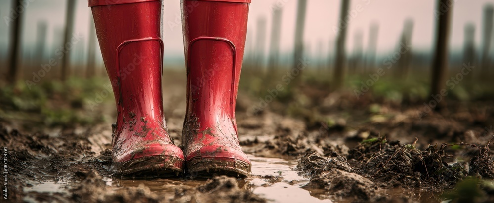 Fototapeta premium The Red Boots Standing in a Muddy Field Near Vineyard Posts on a Rainy Day