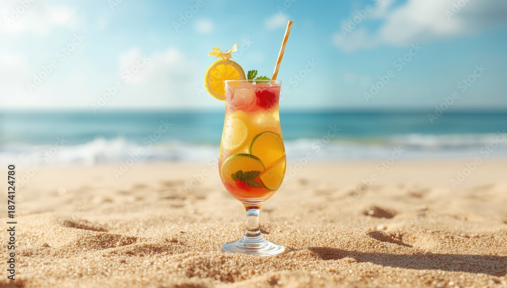 Fototapeta premium Tropical drink resting on sandy surface with a soft-focus beach scene in the background, ideal for summer relaxation