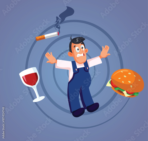 Man in a Spiral of Unhealthy Vices Vector Illustration. Guy with addiction to nicotine, fast food and alcohol 
