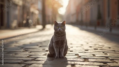 Fototapeta Street scene featuring a gray feline with vivid green eyes, highlighting urban animal presence