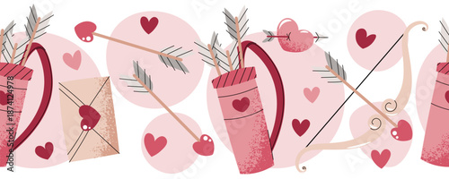Seamless Valentines Day Border With Cupids Quiver, Arrows And Bow In Flat Style. Repeating Arrow And Heart Pattern For Washi Tape, Piping, Textile, Gift Wrap, Wallpaper And Craft Projects.