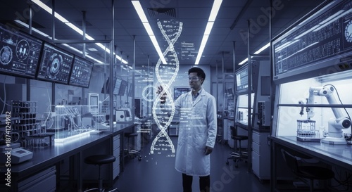 Scientist Interacting with Holographic DNA Structure in a Futuristic Biotechnology Laboratory