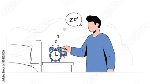 Illustration of an individual gently silencing a noisy alarm clock in a peaceful bedroom setting, signifying the commencement of a new day and daily
