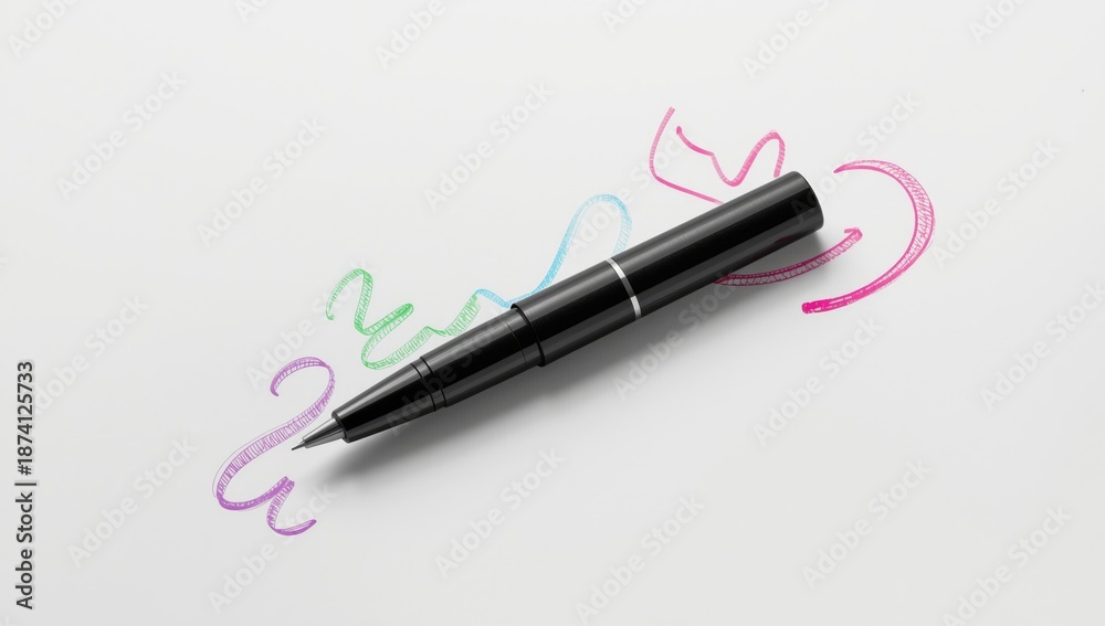 Fototapeta premium Black highlighter pen with doodles on white background serving as a visual aid for highlighting and annotating, focusing on stationery use
