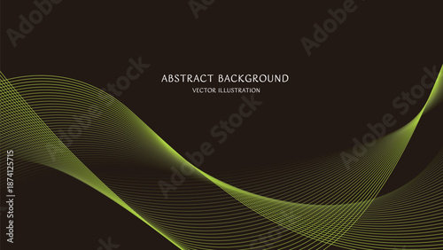 テキストスペースのある黒の背景に黄緑色の抽象的な曲線の背景素材。16:9サイズのベクターイラスト