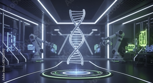 Glowing DNA Double Helix Projection in Advanced Biotechnology Laboratory with Robotic Arms and Neon Lighting, Representing Genetic Research and Scientific Innovation