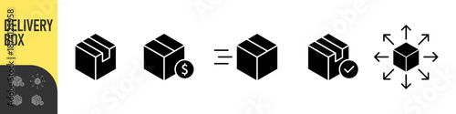 Logistics and delivery box icons showing shipping, pricing, fast shipping, package pricing, and global distribution, speed and distribution. modern package symbols for supply chain UI design