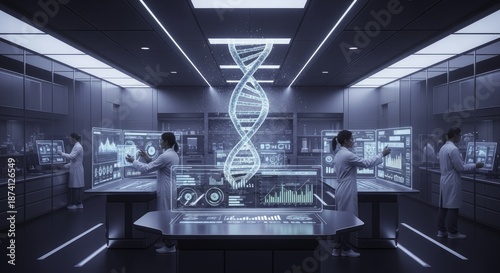 Futuristic Biotechnology Laboratory with Scientists Analyzing Holographic DNA and Advanced Genetic Data on Interactive Displays