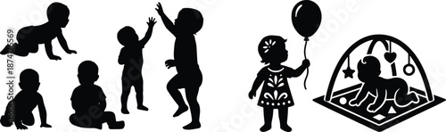 Flat vector, child silhouette, crawling, standing, balloon, play mat, development, posture, activity