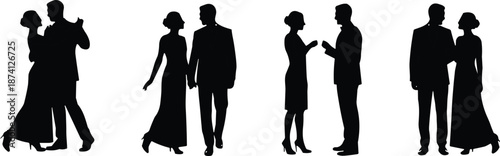 Flat vector, couple silhouette, dancing, walking, talking, embrace, formal attire, romance, interaction