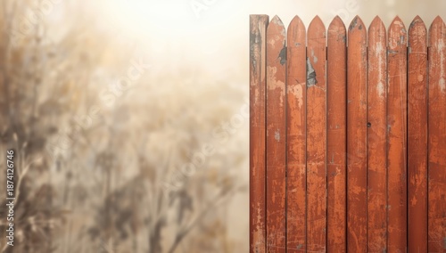 Old terracotta-colored paint chipping from a wooden fence serving as a backdrop for banners and layouts