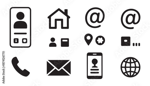 Collection of outline and filled contact icons including phone mobile address book email and location symbols