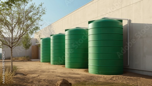 Rainwater harvesting system with green tanks adjacent to a structure, illustrating eco-friendly infrastructure for water management