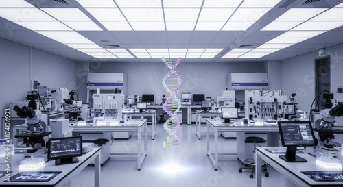 Modern Biotechnology Laboratory with Holographic DNA Double Helix and Advanced Scientific Equipment for Genetic Research and Data Analysis