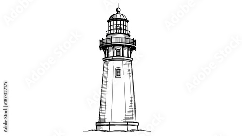 Detailed Black and White Lighthouse Illustration with Architectural Details