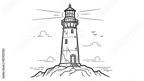 Detailed Black and White Lighthouse Illustration on Rocky Terrain