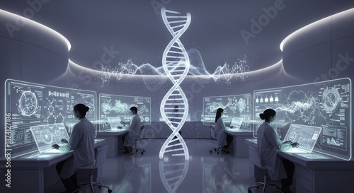 Futuristic Biotechnology Lab: Scientists Analyze DNA and Genetic Data on Holographic Displays for Advanced Research and Innovation