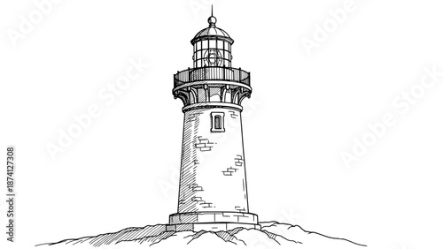 Detailed Black and White Lighthouse Illustration on Rocky Terrain, Hand-Drawn Style.