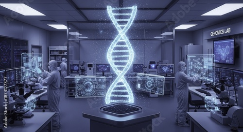 Futuristic Genomics Lab with Scientists Interacting with Holographic DNA and Advanced Digital Interfaces for Genetic Research