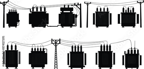 Flat vector, transformer silhouette, power pole, electrical grid, wiring, infrastructure, distribution system