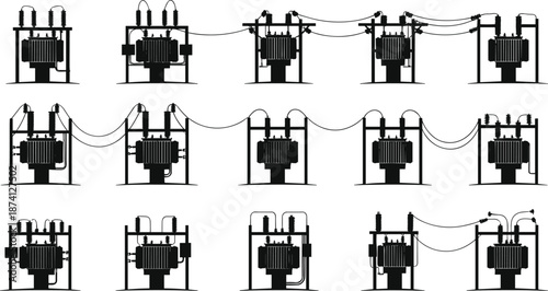 Flat vector, transformer illustration, electrical setup, insulator, wiring, power grid, distribution system