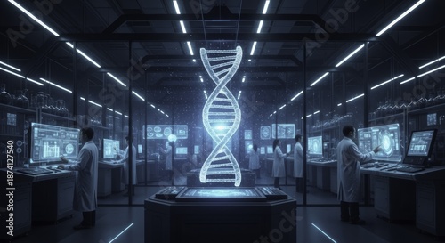 High-Tech Genetic Research Lab with Holographic DNA and Scientists Interacting with Advanced Digital Interfaces