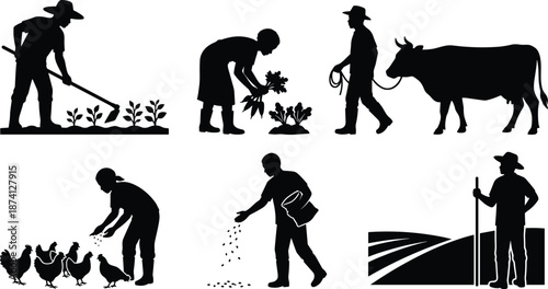 Flat vector, farming silhouette, agriculture activity, planting, harvesting, livestock, rural life, fieldwork