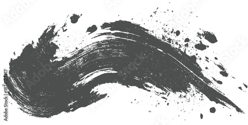 Curved dark grey textured brush stroke with splatters on white background abstract for and grunge effects