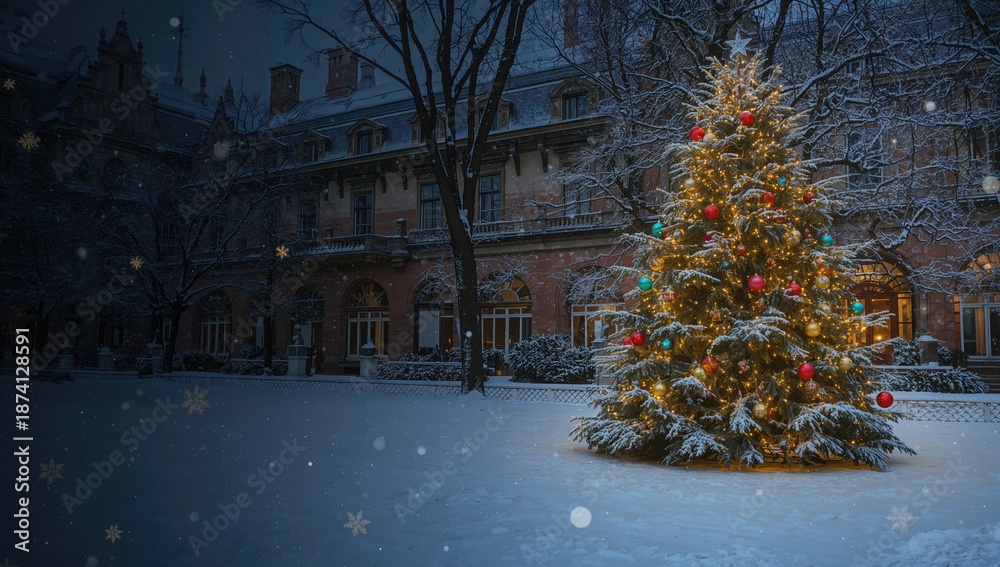 Obraz premium Festively adorned New Year tree in a park setting highlighting holiday decor, New Year celebration