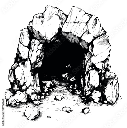 Hand drawn line art illustration of a cave entrance depicting a dark, rocky opening for adventure and fantasy projects