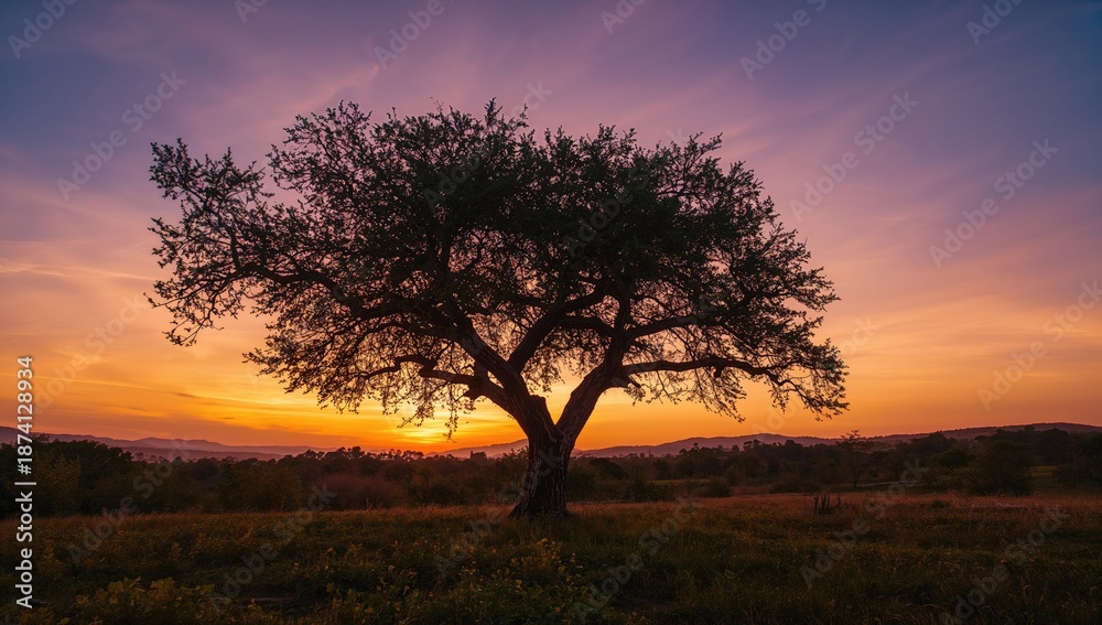 Fototapeta premium Tree silhouette against a sunset sky, suitable for editorial header backgrounds