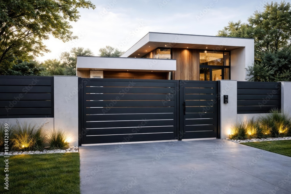 Obraz premium Contemporary minimalist fencing system with gate and stylish house exterior for security