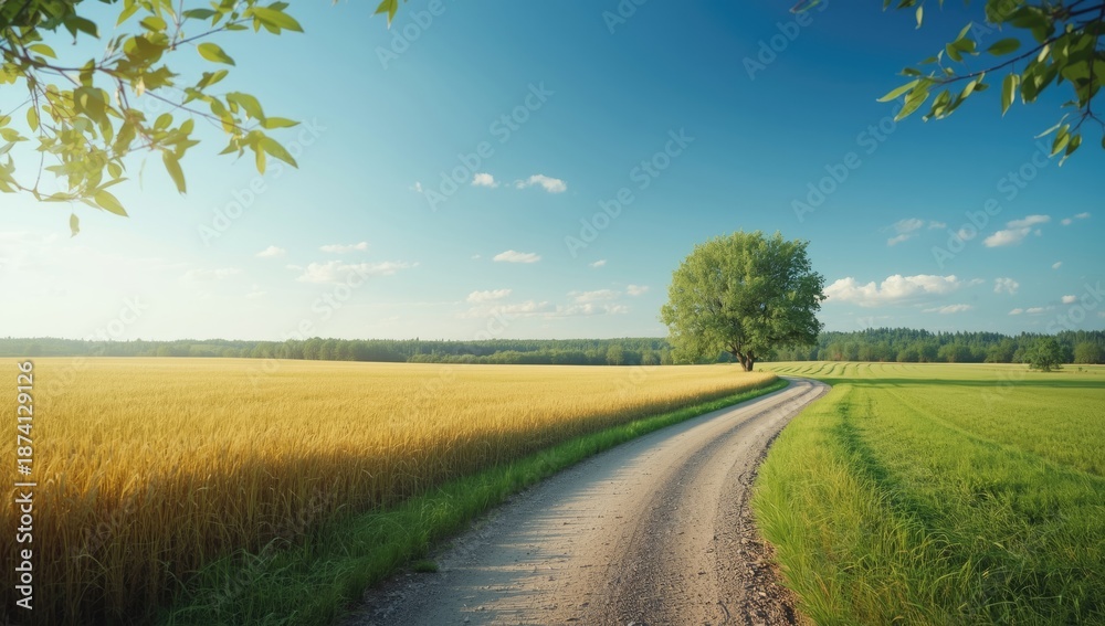 Fototapeta premium Summer scene of a bicycle path adjacent to ripe wheat fields, suitable for leisure activities