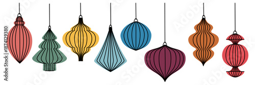 set of multi-colored paper Christmas toys for hanging with flat outline, glued together from layers. Collection of festive decorations for holiday greeting cards, DIY projects, seasonal graphic