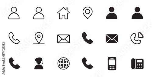 Contact us information icons set featuring person address location mail phone communication symbols simple collection