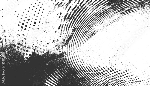 Close up of a fingerprint texture with dark gray ink and scattered dots on white background abstract