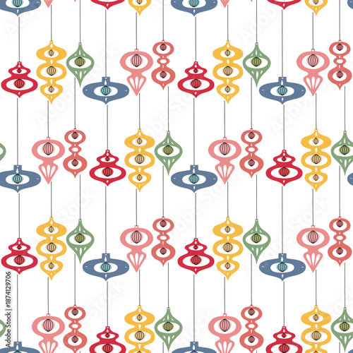 Seamless pattern with flat outline retro Christmas paper decorations on a rope. Vintage holiday background for winter wrapping paper, textile prints, wallpaper, or holiday graphic design