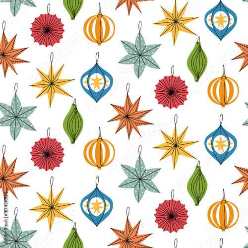 Seamless pattern with bright flat retro Christmas decorations, balls, and stars. Vintage holiday background for winter wrapping paper, textile prints, wallpaper, or festive graphic design