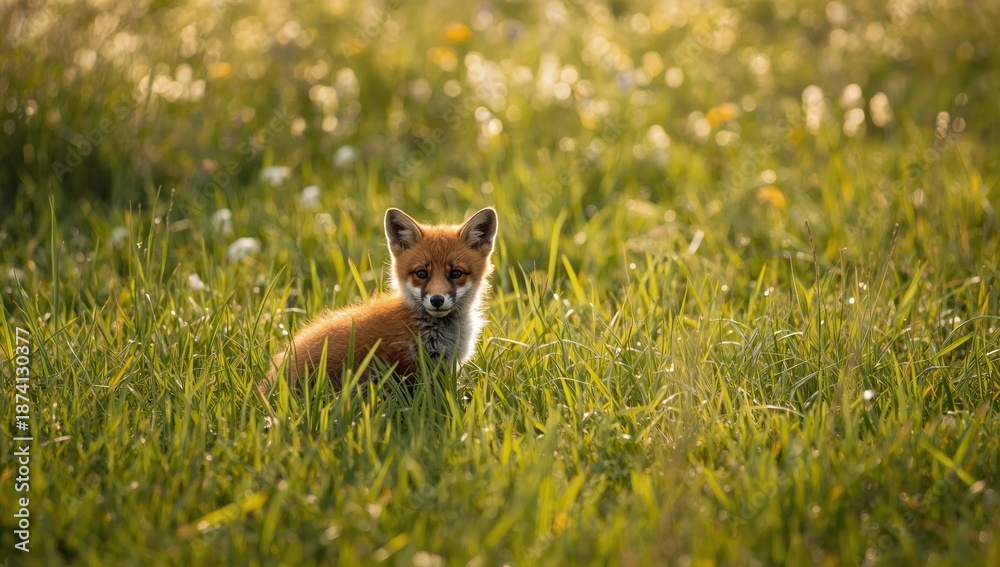 Fototapeta premium Young red fox exploring a grassy meadow in spring, highlighting animal activity in nature, World Wildlife Day