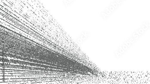 Abstract perspective texture with converging lines of halftone dots and scattered speckles in gray and white, creating a sense of depth and motion
