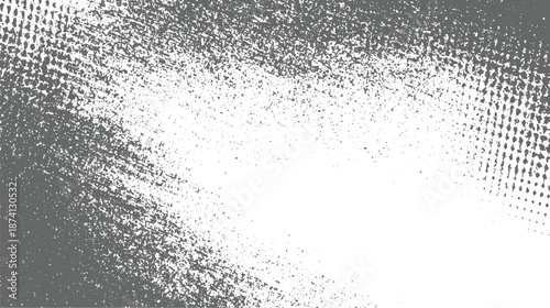 Grey distressed grunge texture with a diagonal brush stroke effect and scattered dots on a white background, abstract