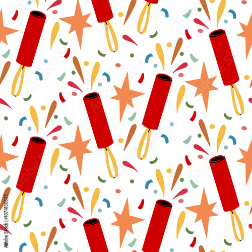 Seamless pattern with flat multicolored exploded confetti pop. Festive background for wrapping paper, birthday textile prints, or holiday graphics.