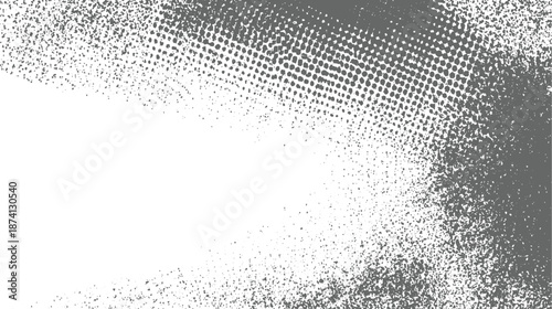 Abstract distressed grunge background featuring a dense spray of grey dots and particles fading into a white space with a subtle halftone effect