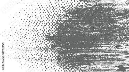 Bold abstract background with a strong contrast between a dense grey brush stroke texture and a scattered dot pattern on white
