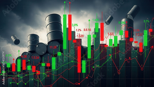 Cracked oil barrels with leaking crude in front of declining stock market graph