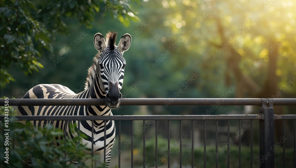 Fototapeta premium Zebra visible through a metal barrier in a zoo setting, highlighting wildlife confinement